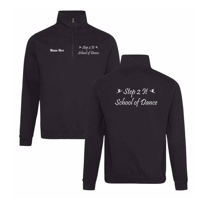 Adults quarter zip sweatshirt,  logo and name left breast and large print to back.