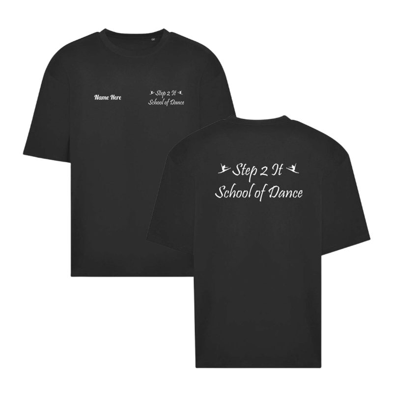 Adults oversized T Shirt,  logo and name left breast and large print to back.