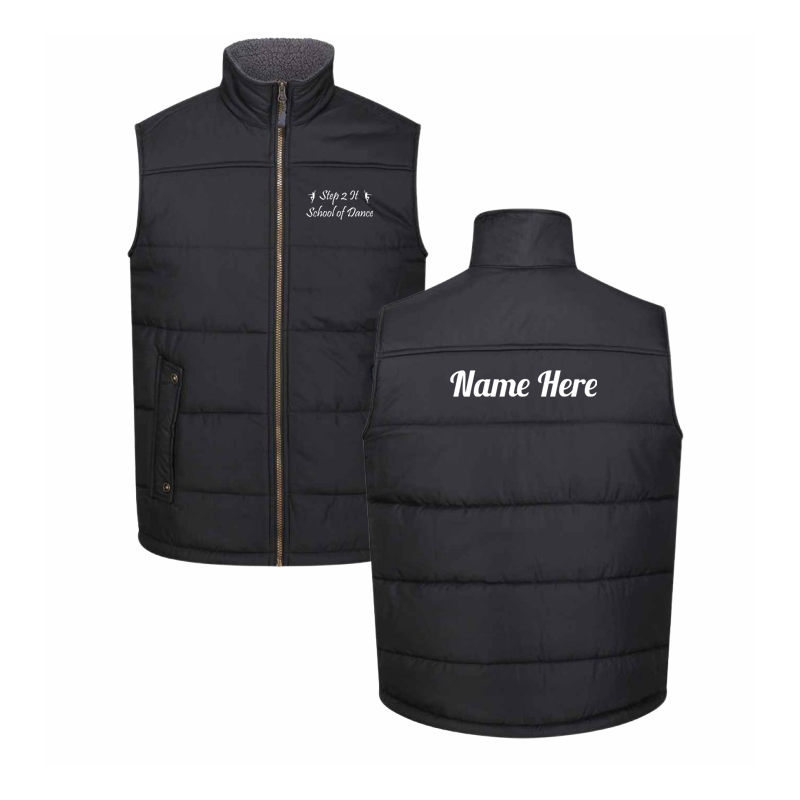 Padded unisex bodywarmer with logo to to front and name to back.