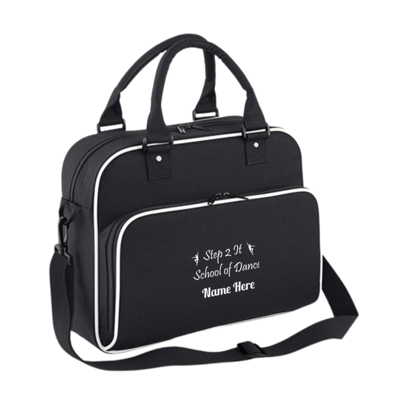 Retro styling Dance Bag, Detachable adjustable strap, Use in hand or over-the-shoulder. Logo and name to one side.