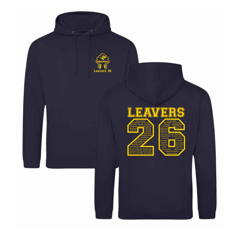 Classic hoodie with School logo to front and Leavers 26 design to back containing student names.