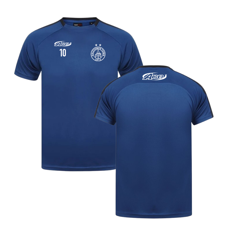 Crew neck, polyester HTFC training tee, printed club logo and initials or number to right breast.