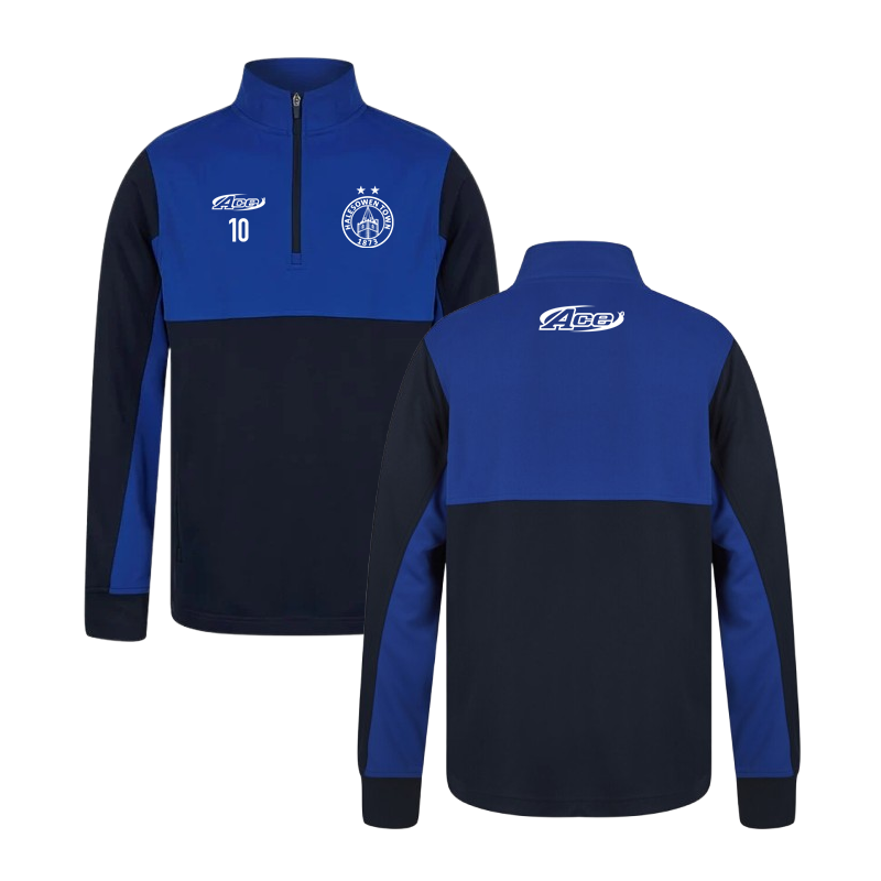 Zip neck,  HTFC training top, printed club logo and initials or number to right breast.