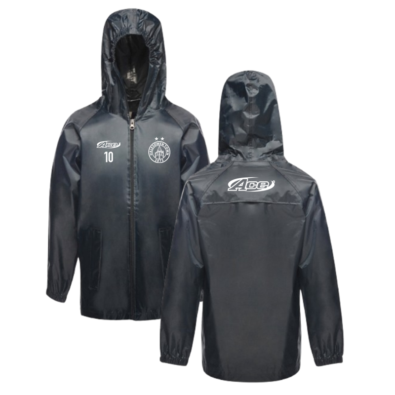 Regatta branded storm waterproof jacket, ideal for training and staying dry - printed club logo and your choice of initial or number.