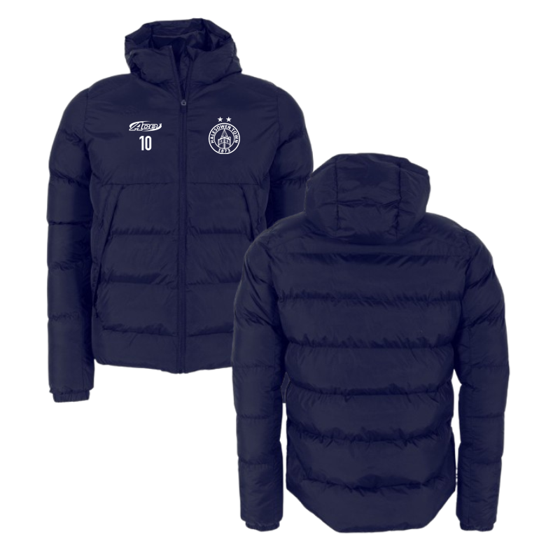 Stanno branded puffa style padded jacket, printed club logo and your choice of initial or number.