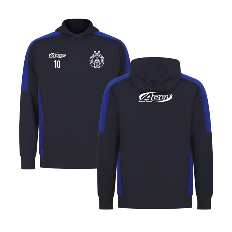 Overhead hoodie with printed club logo and free number or initials.