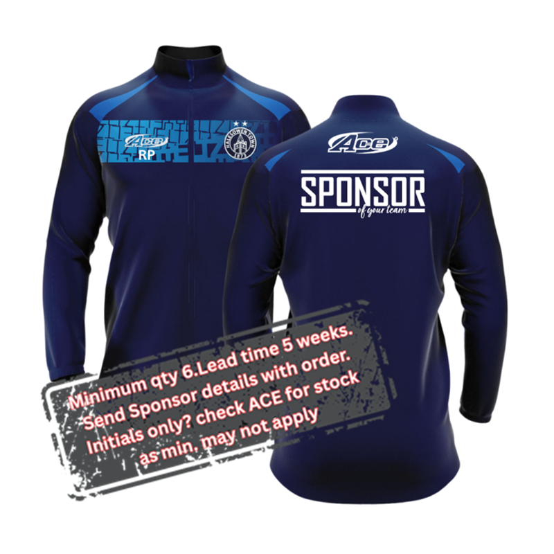 Full Zip Official Club TrackTop with sublimated chest panel. Price includes sponsor logo and/or initial or number to front chest panel only. Sponsor print to back is an additional cost.