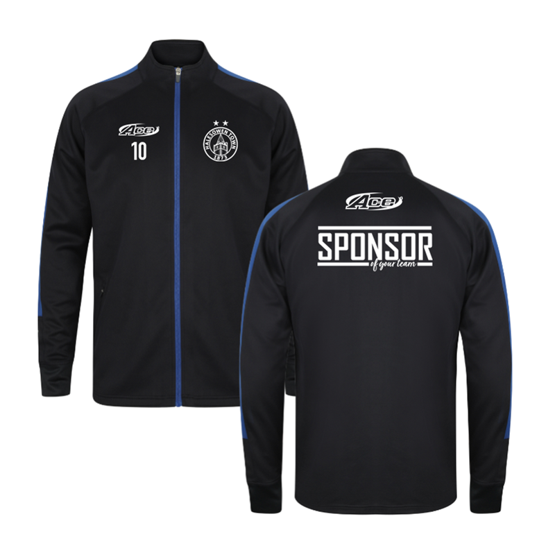 Full Zip Ployester Track Top, Navy with Royal trim, printed club logo and free initial or number. Sponsor print to back included, less than 6 will incur a set up charge if file not held.