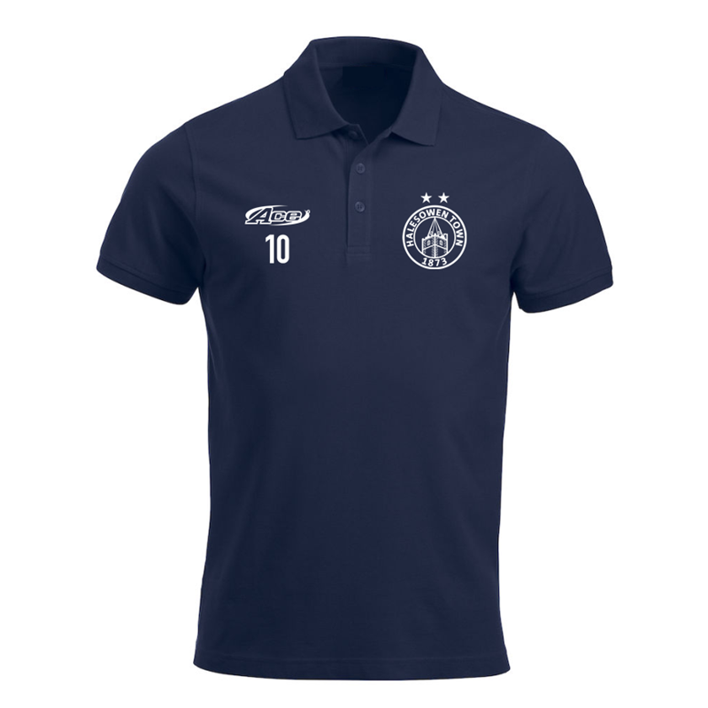 Navy polyester poloshirt with club logo and free number or initials to front.