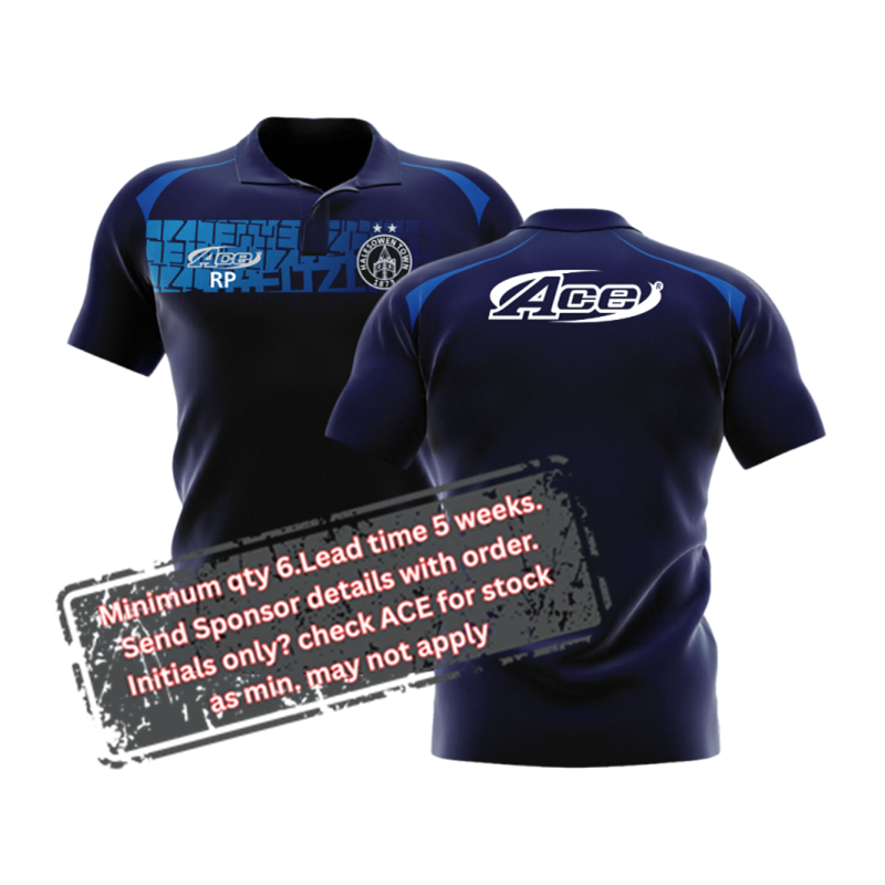 Sublimated polyester poloshirt, chest panel can contain a sponsor logo and free initials with a minimum of 6. No sposnor? Please check availabilty from stock, minimum may not apply.