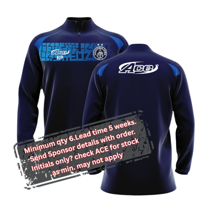 Sublimated polyester zip neck sweatshirt, chest panel can contain a sponsor logo and free initials with a minimum of 6. No sposnor? Please check availabilty from stock, minimum may not apply.