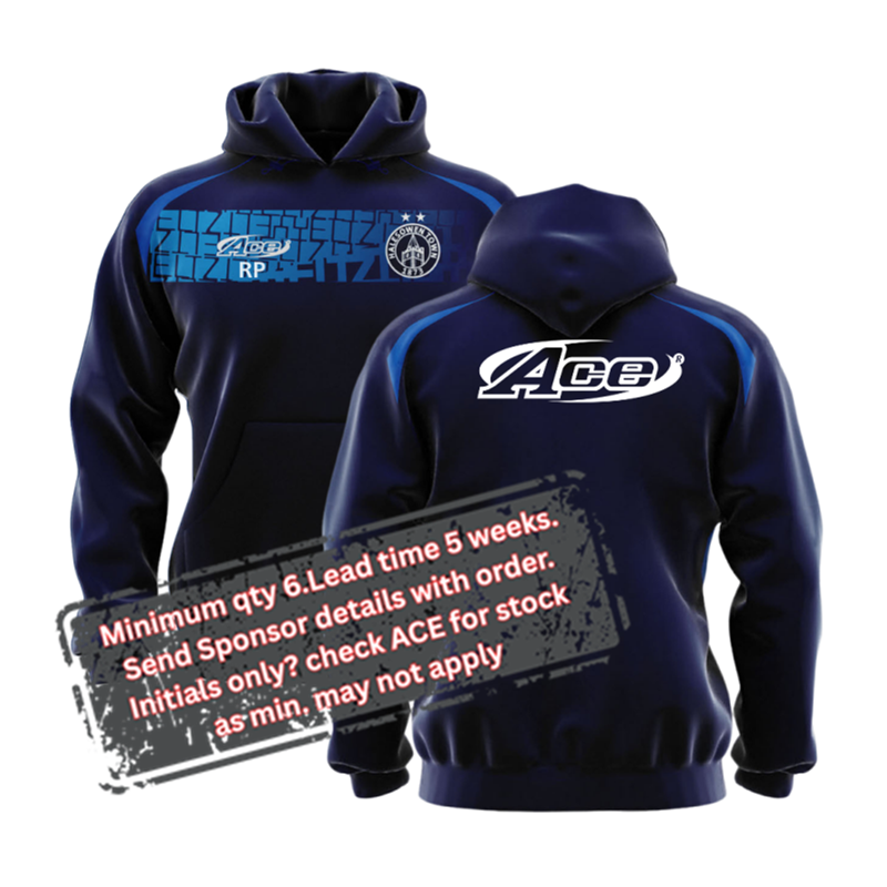 Sublimated polyester Hooded Sweatshirt, chest panel can contain a sponsor logo and free initials with a minimum of 6. No sposnor? Please check availabilty from stock, minimum may not apply.