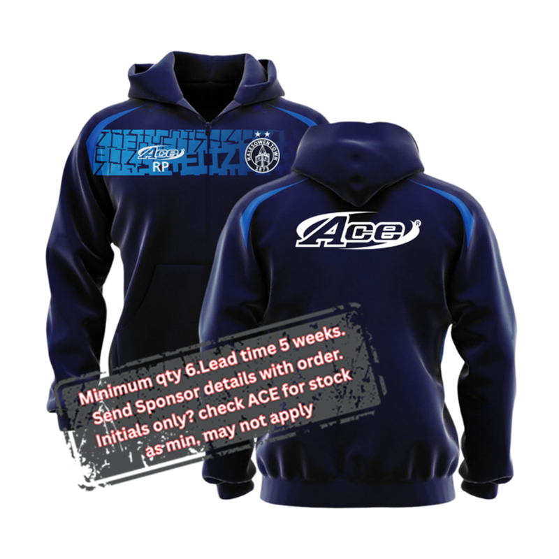 Sublimated polyester Zip Through Hoodie, chest panel can contain a sponsor logo and free initials with a minimum of 6. No sposnor? Please check availabilty from stock, minimum may not apply.