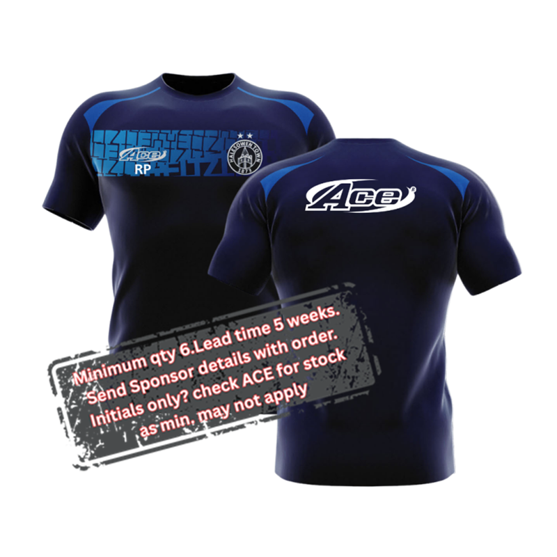 Sublimated polyester T Shirt, chest panel can contain a sponsor logo and free initials with a minimum of 6. No sposnor? Please check availabilty from stock, minimum may not apply.