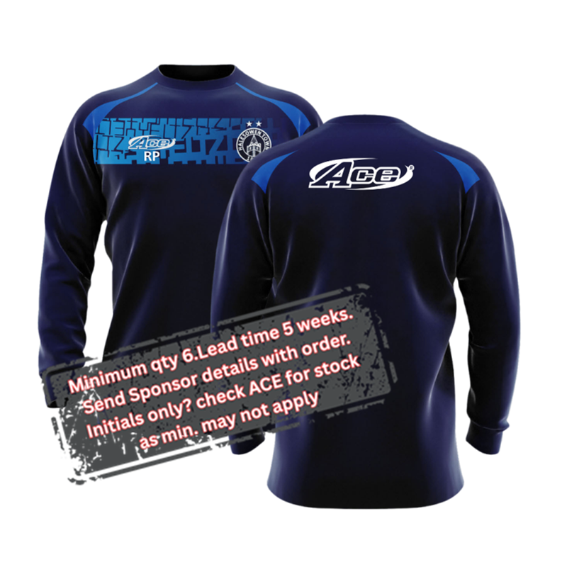 Sublimated polyester Sweatshirt, chest panel can contain a sponsor logo and free initials with a minimum of 6. No sposnor? Please check availabilty from stock, minimum may not apply.