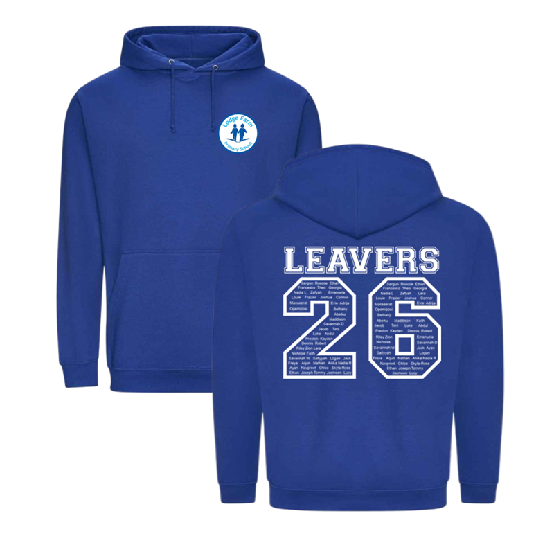Classic hooded sweatshirt with printed name design to the back and School Leavers logo embroidered to the front.
