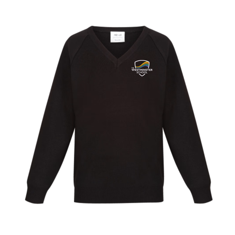Knitted Cotton V Neck Jumper embroidered with School logo.
