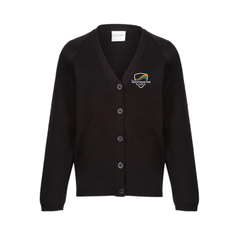 Knitted Cardigan in Blue embroidered with School logo.