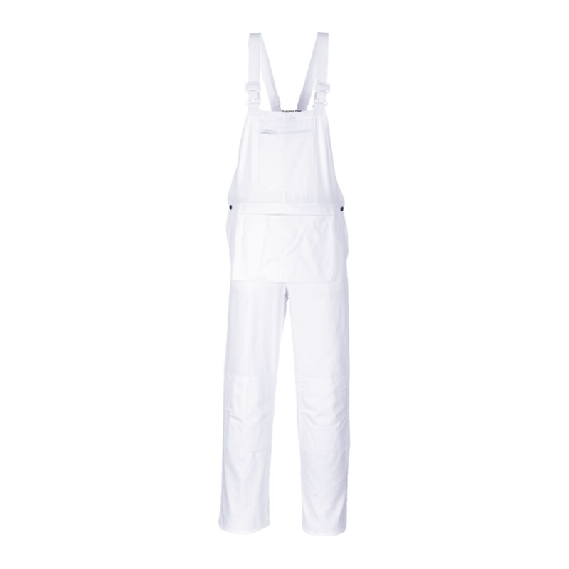 Made with 100% pre-shrunk cotton to provide protection against paint spills. Features of this functional garment include a bib pocket with zip, one large front pouch pocket, knee pad, hip and rule pockets, elasticated back section and plastic non-corrosive buckles.