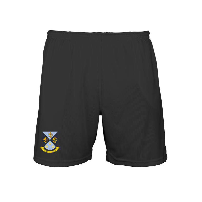 Ployester training shorts with printed club logo.