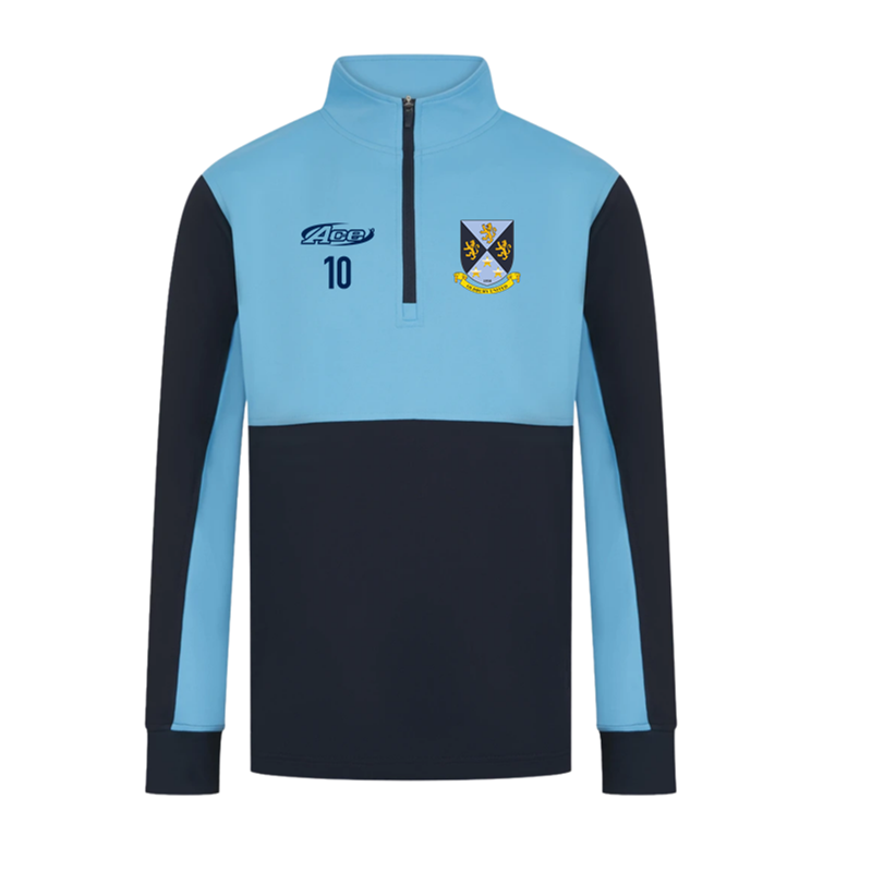 Quarter Zip two tone blue track top with club logo and free number or initial