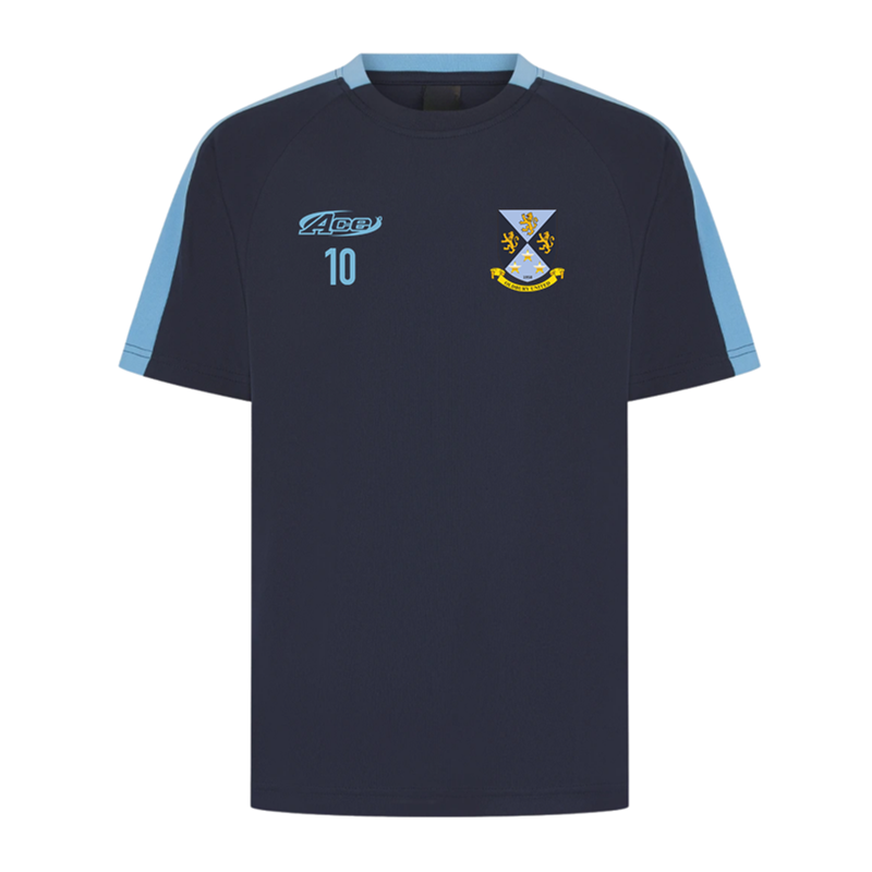 Unisex t shirt contrast blue, printed club logo and free number or initial.