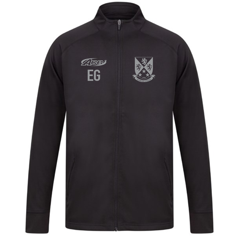 Black full zip track top with club logo and initials.