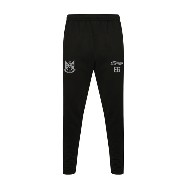 Tapered fit track pant with club logo and free initial.